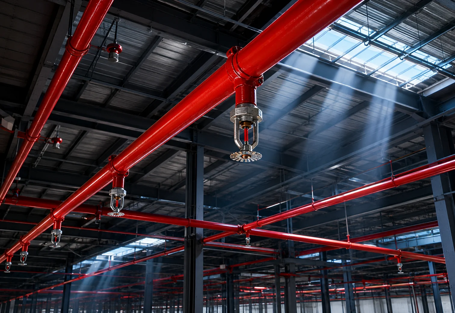 Tubulações vermelhas e sprinklers instalados no teto de um galpão