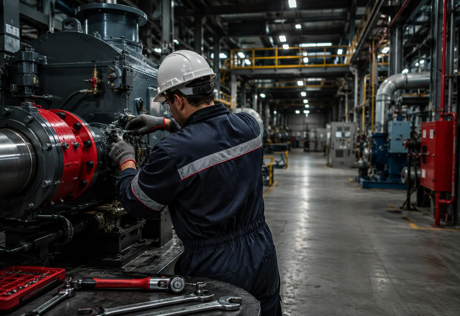 Profissional junto a conjunto de tubulações e equipamentos industriais