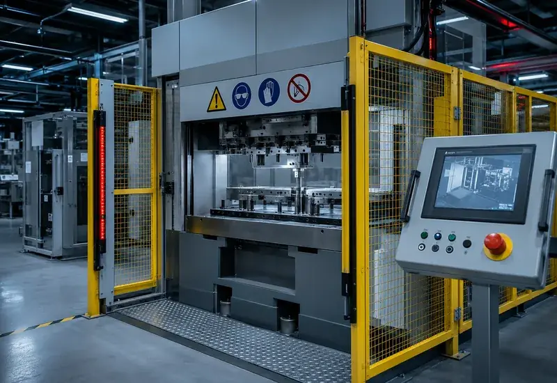Máquina industrial com proteções e comandos de segurança