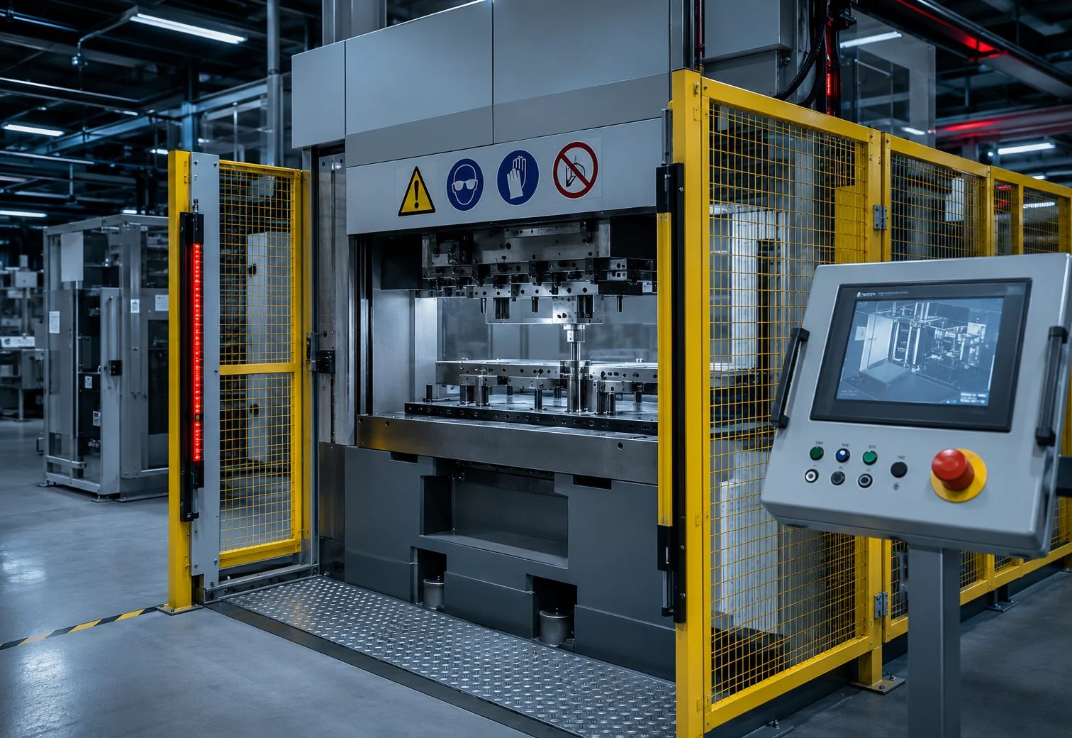 Máquina industrial com proteções perimetrais e painel de comando