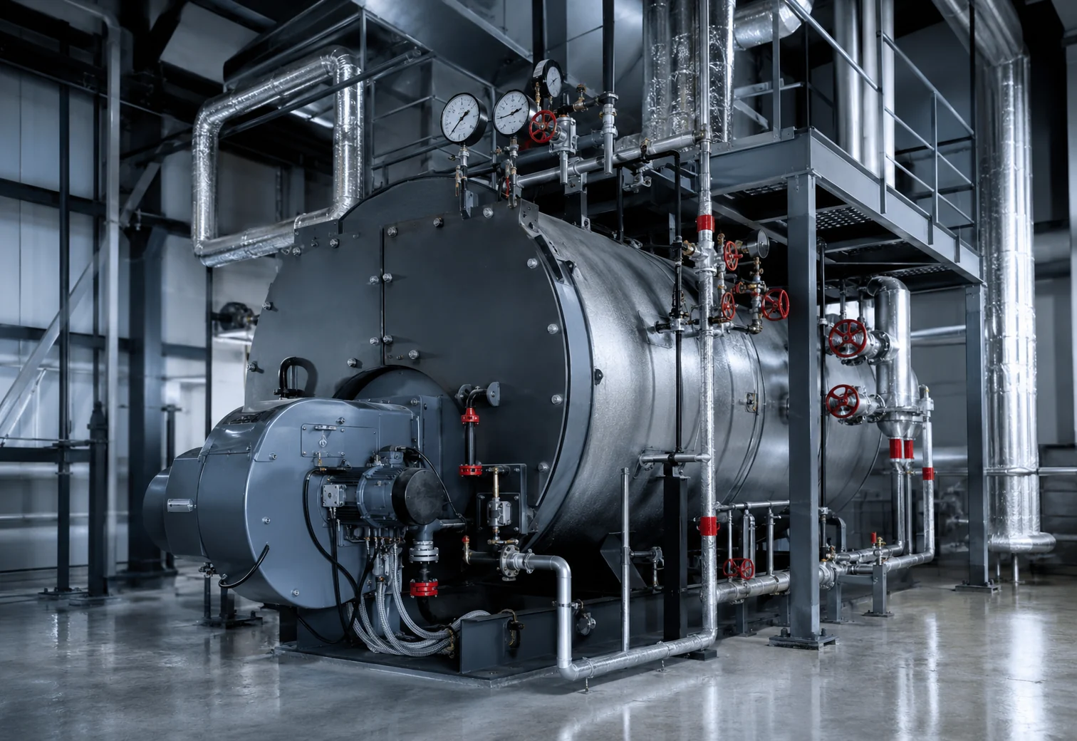 Caldeira industrial com tubulações e instrumentos de pressão
