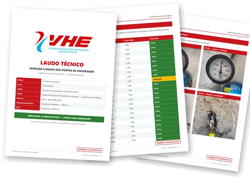 Páginas de um laudo da VHE com fotos, tabelas de ensaio e assinatura