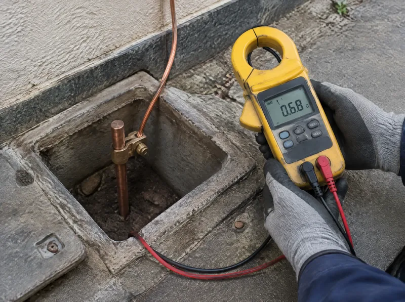 Caixa de inspeção de aterramento aberta, com haste de cobre e conector, e terrômetro digital nas mãos do técnico (imagem ilustrativa)