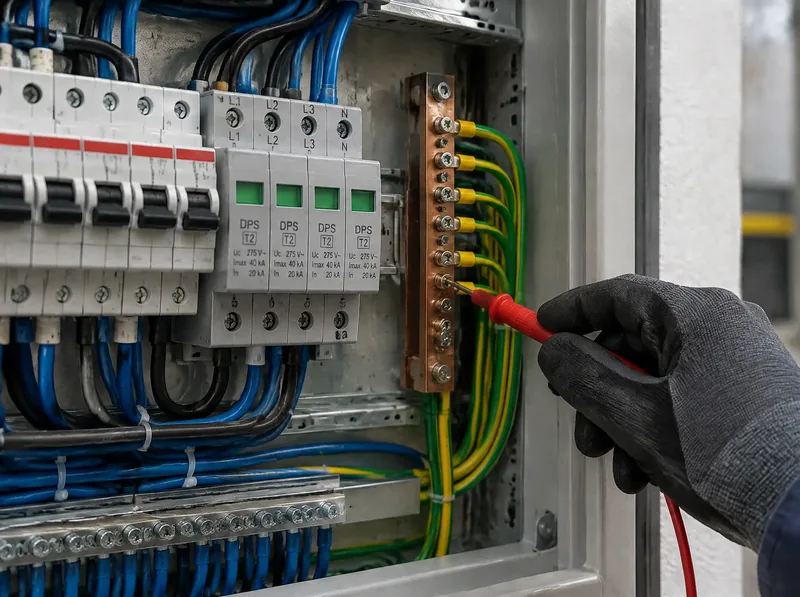 Quadro elétrico aberto com dispositivos de proteção contra surtos (DPS) e barramento de equipotencialização, técnico medindo com multímetro (imagem ilustrativa)