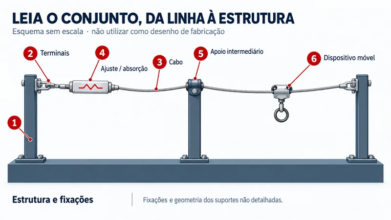 Esquema lateral numerado: estrutura, terminais, cabo, absorção e tensionamento, apoio intermediário e dispositivo móvel.